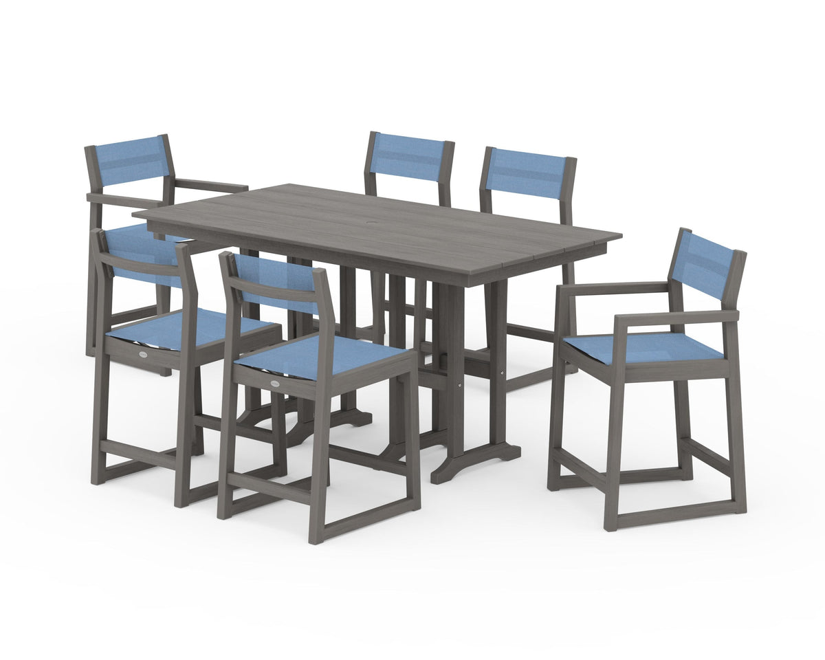 POLYWOOD EDGE Sling 7-Piece Farmhouse Counter Set with Trestle Legs in Driftwood / Poolside