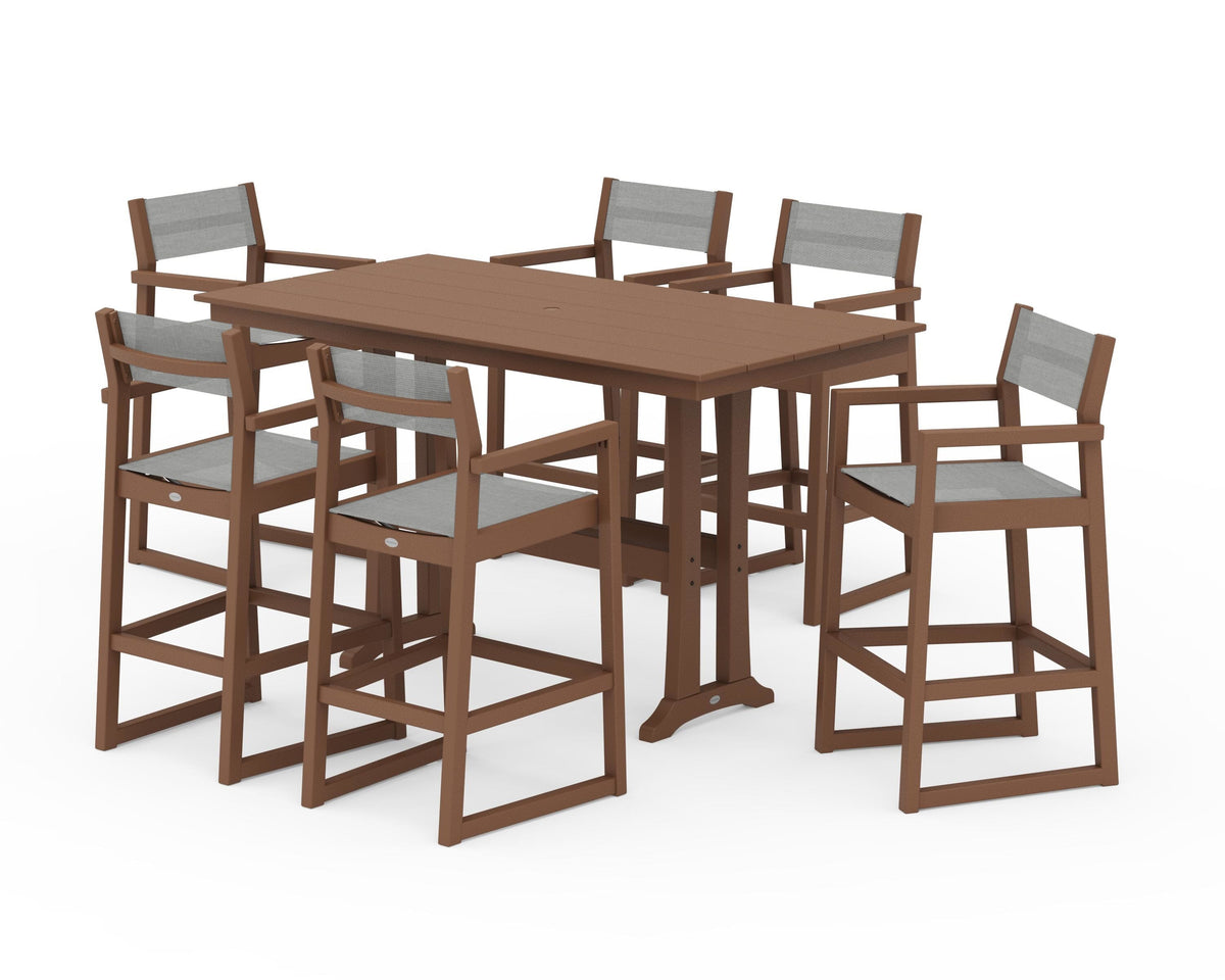 POLYWOOD EDGE Sling Arm Chair 7-Piece Farmhouse Bar Set with Trestle Legs in Teak / Metallic