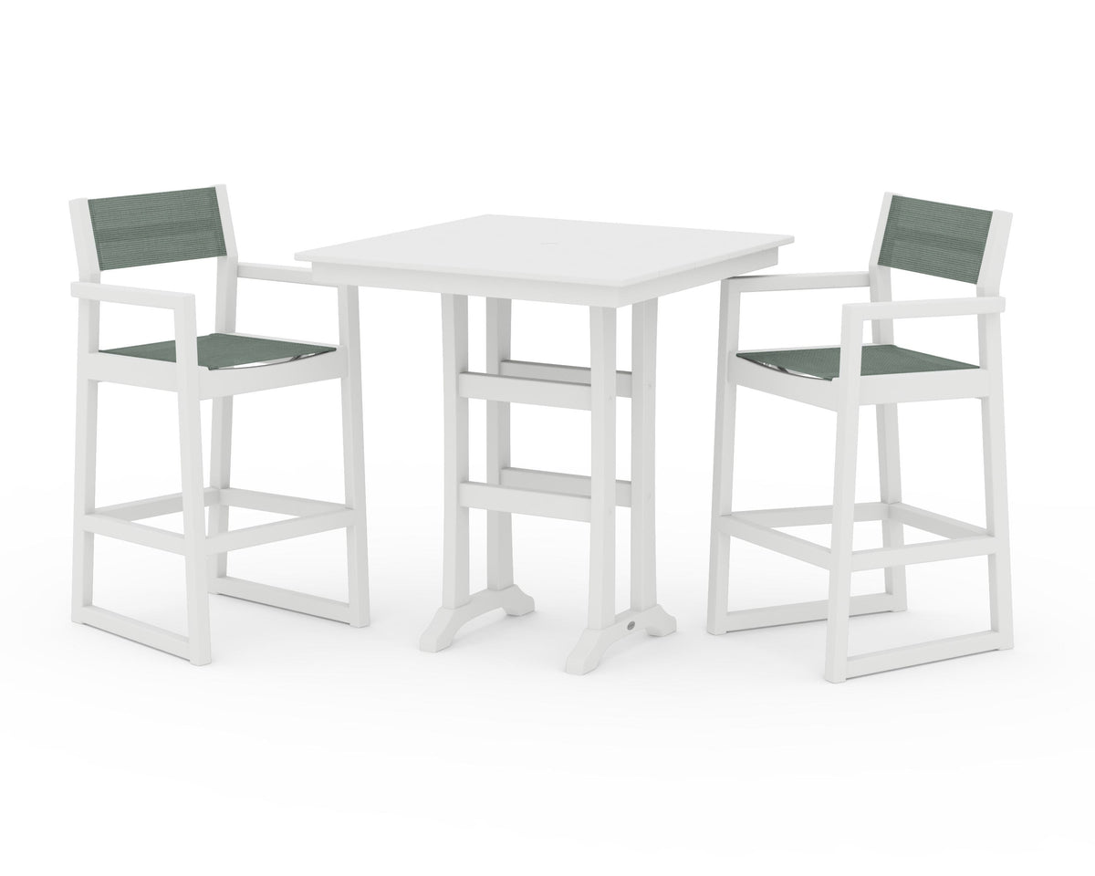 POLYWOOD EDGE Sling Arm Chair 3-Piece Farmhouse Bar Set with Trestle Legs in White / Dupioni Sea Mist