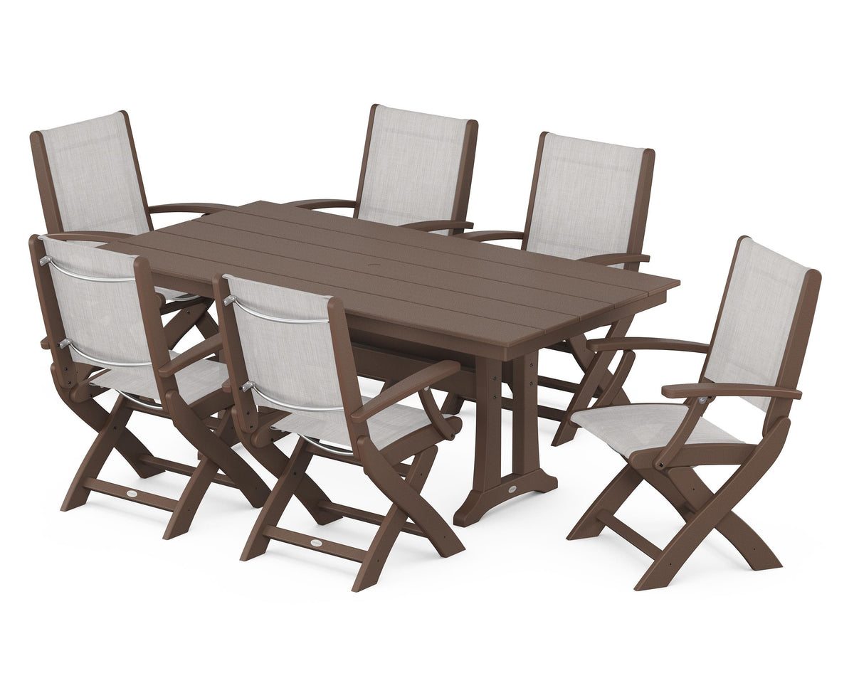 POLYWOOD Coastal Folding Arm Chair 7-Piece Farmhouse Dining Set with Trestle Legs in Mahogany / Parchment