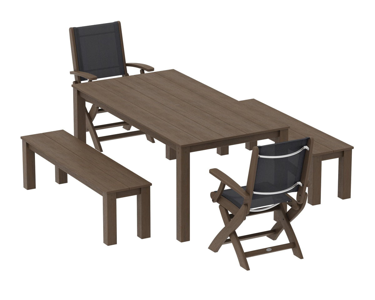 POLYWOOD Coastal Folding Chair 5-Piece Parsons Dining Set with Benches in Kona / Black