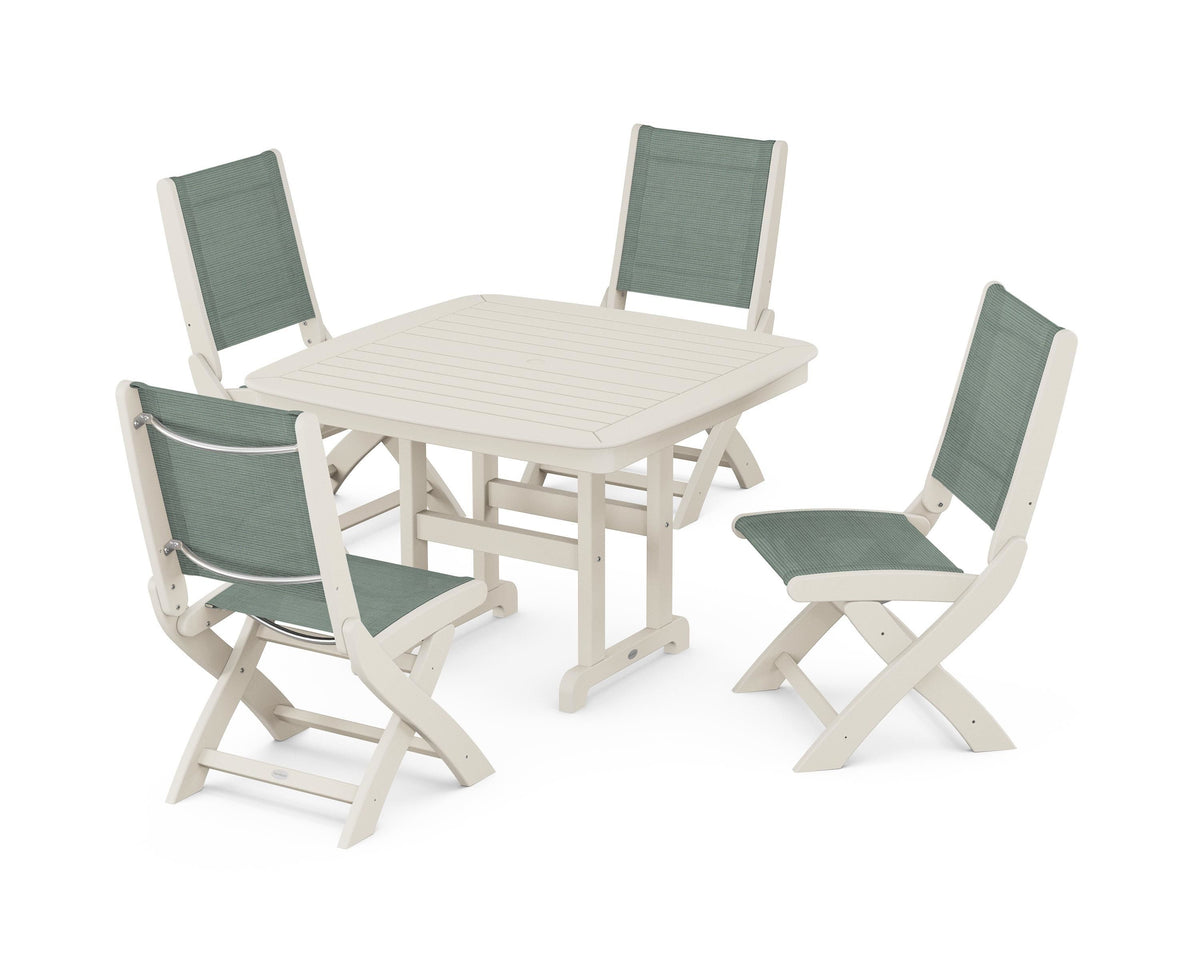 POLYWOOD Coastal Folding Side Chair 5-Piece Dining Set with Nautical 44" Dining Table in Sand / Dupioni Sea Mist