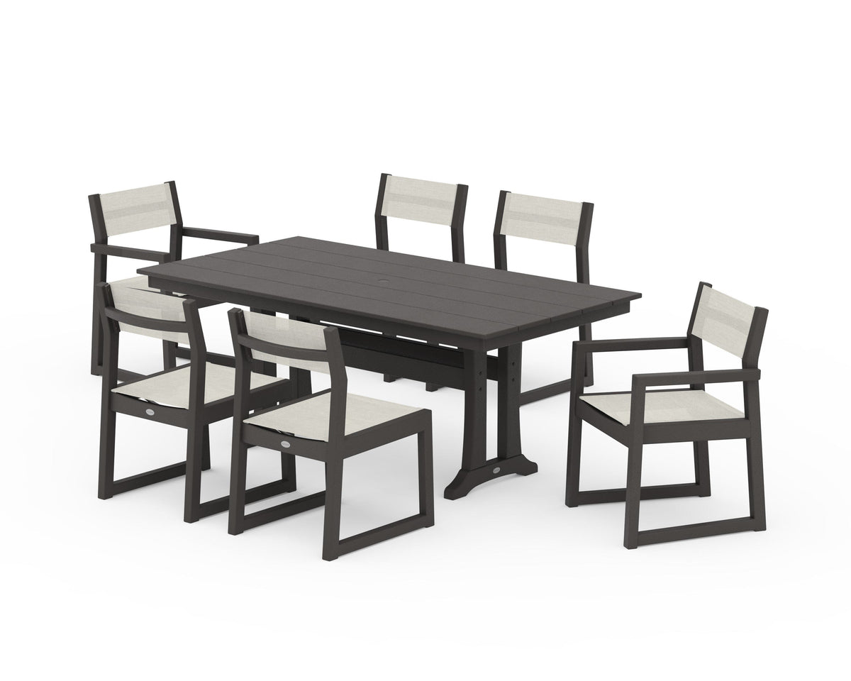 POLYWOOD EDGE Sling 7-Piece Farmhouse Trestle Dining Set in Vintage Coffee / Parchment