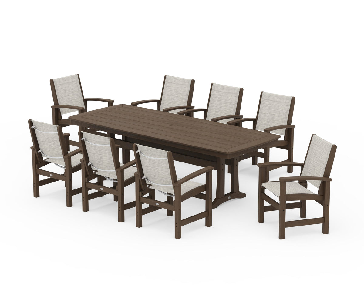 POLYWOOD Coastal 9-Piece Dining Set with Trestle Legs in Kona / Birch