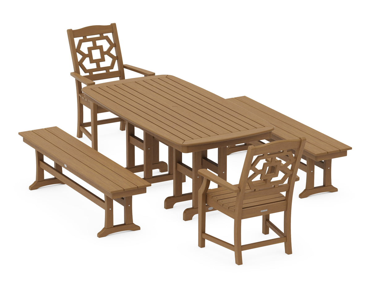 POLYWOOD Chinoiserie 5-Piece Dining Set with Benches in Natural