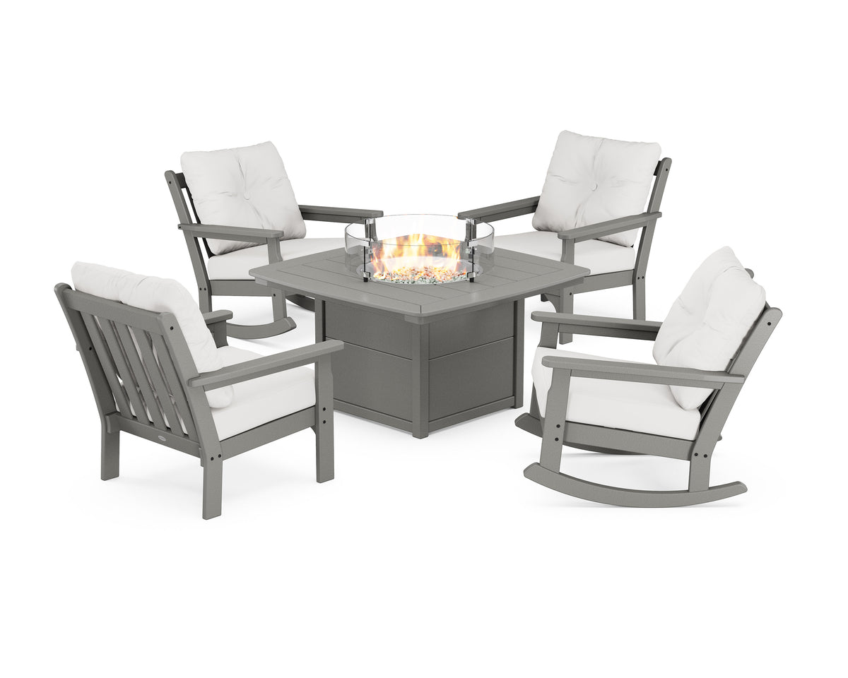 POLYWOOD Vineyard 5-Piece Deep Seating Rocking Chair Conversation Set with Fire Pit Table in Slate Grey / Natural Linen