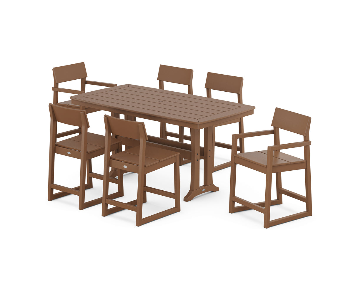 POLYWOOD EDGE 7-Piece Counter Set with Trestle Legs in Teak