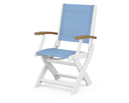 POLYWOOD Coastal Folding Chair in White with Natural arms and Poolside sling