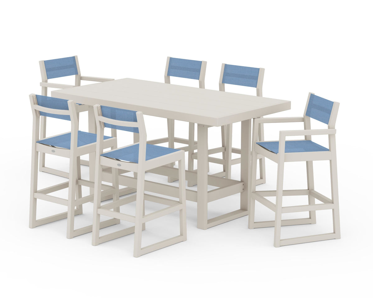 POLYWOOD EDGE Sling 7-Piece Bar Table Set in Sand / Poolside
