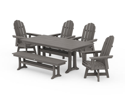 POLYWOOD Vineyard Curveback Adirondack 6-Piece Swivel Chair Farmhouse Dining Set with Trestle Legs and Bench in Driftwood