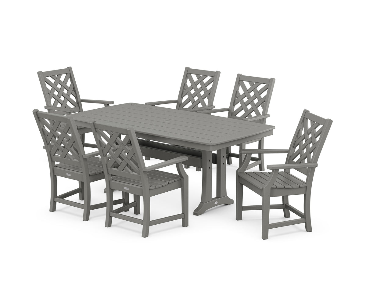 POLYWOOD Wovendale Arm Chair 7-Piece Dining Set with Trestle Legs in Slate Grey