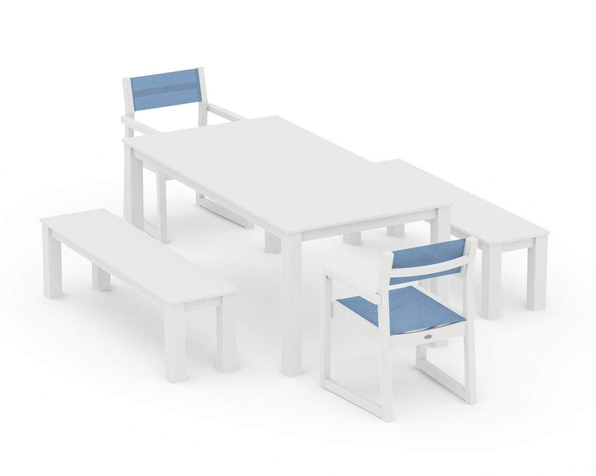 POLYWOOD EDGE Sling Arm Chair 5-Piece Parsons Dining Set with Benches in White / Poolside