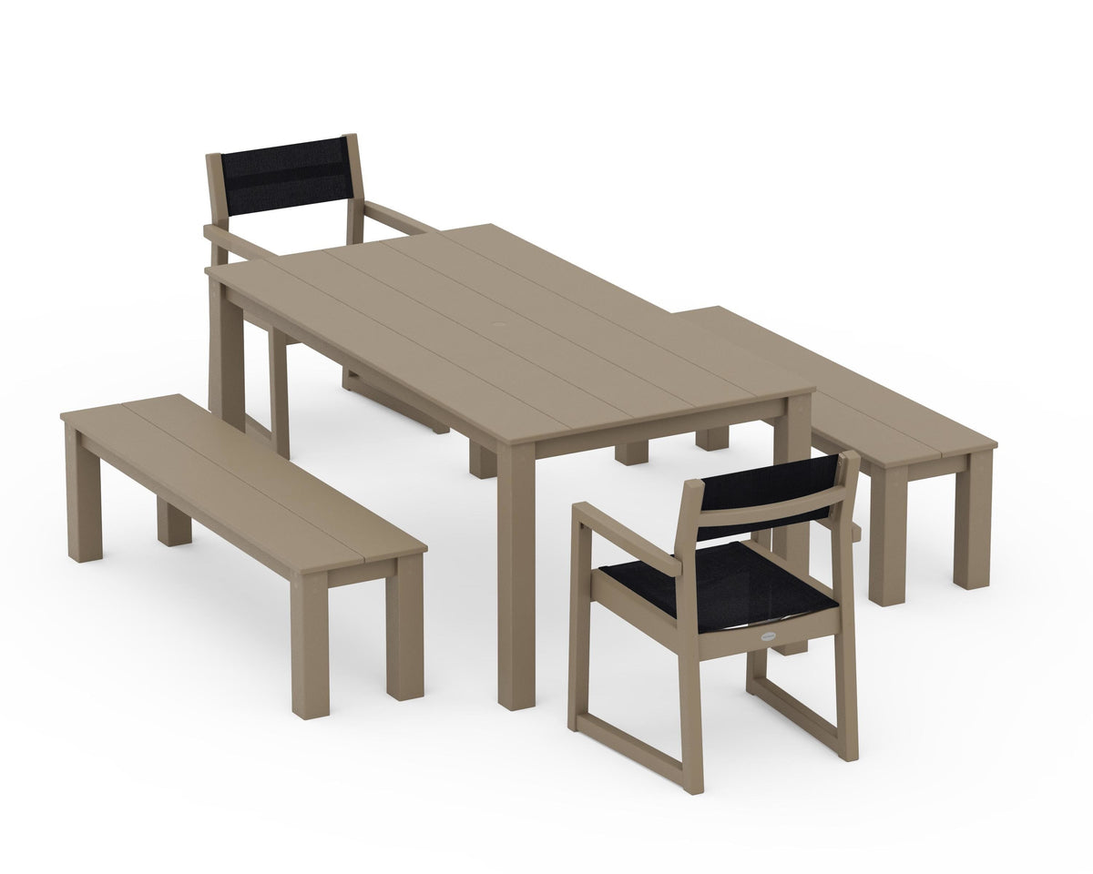 POLYWOOD EDGE Sling Arm Chair 5-Piece Parsons Dining Set with Benches in Vintage Sahara / Black