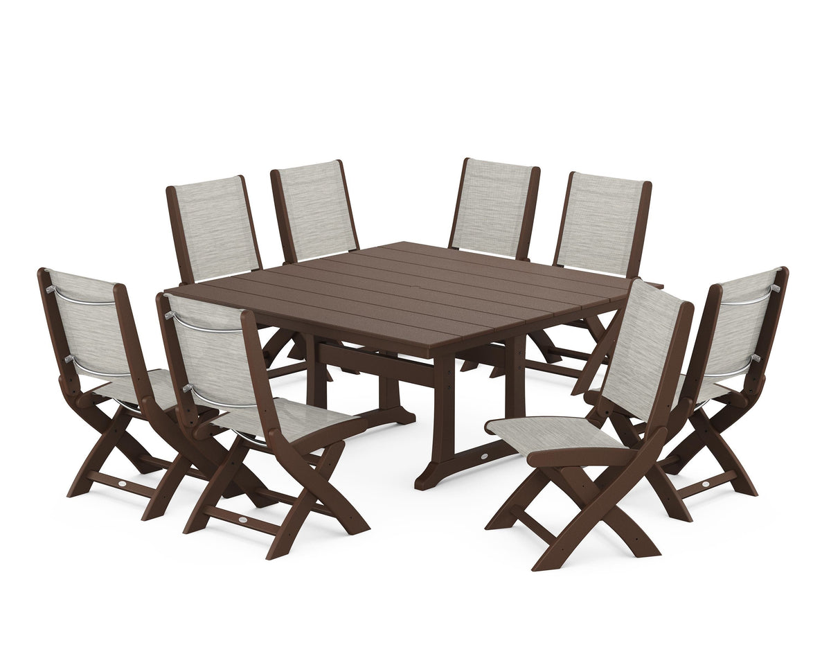 POLYWOOD Coastal Folding Side Chair 9-Piece Farmhouse Dining Set in Mahogany / Birch