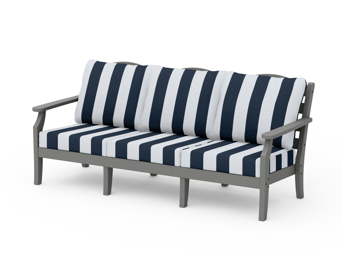 POLYWOOD Savannah Deep Seating Sofa in Slate Grey / Cabana Stripe Marine Indigo