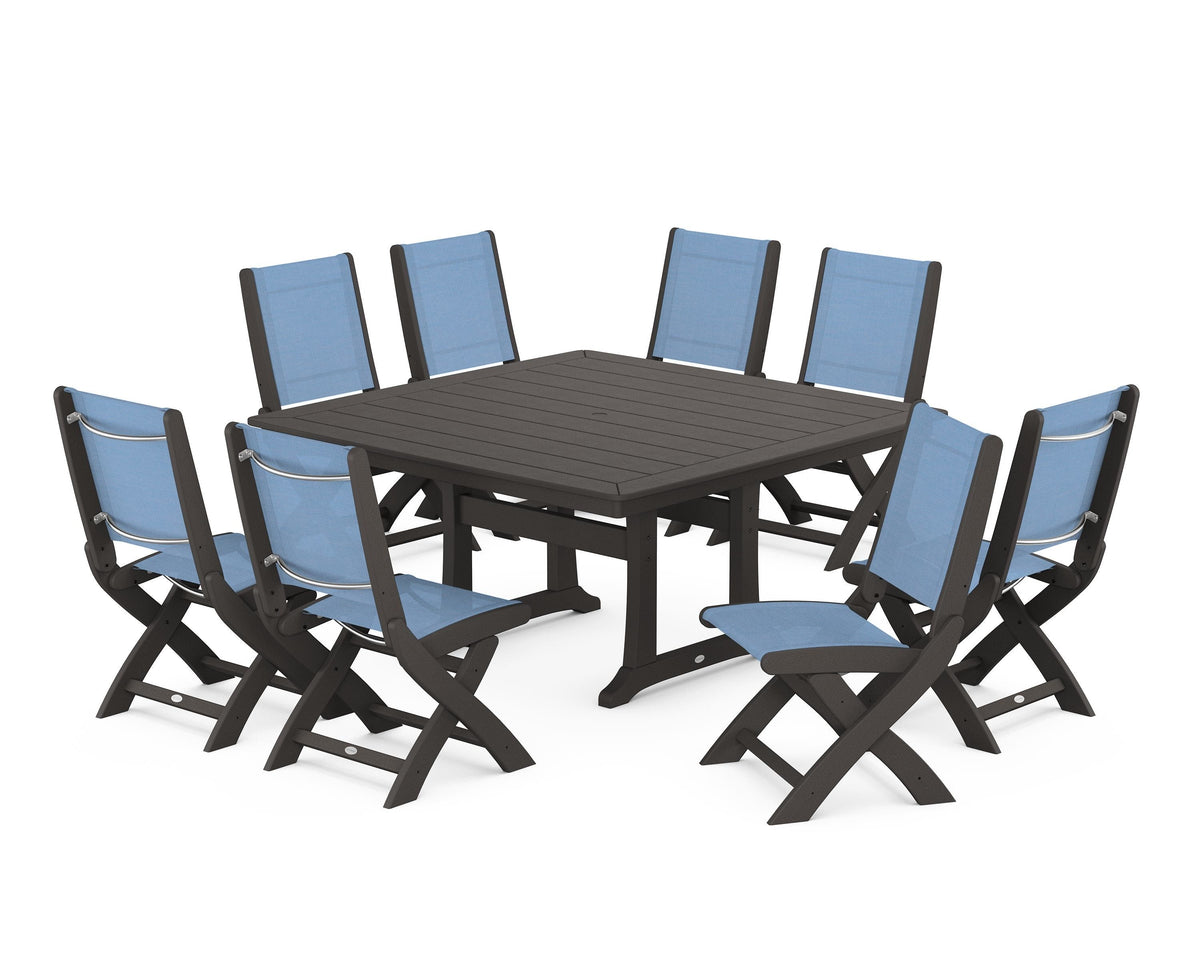 POLYWOOD Coastal Folding Side Chair 9-Piece Dining Set with Trestle Legs in Vintage Coffee / Poolside
