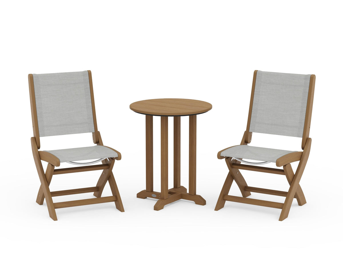 POLYWOOD Coastal Folding Side Chair 3-Piece Round Bistro Dining Set in Natural / Metallic