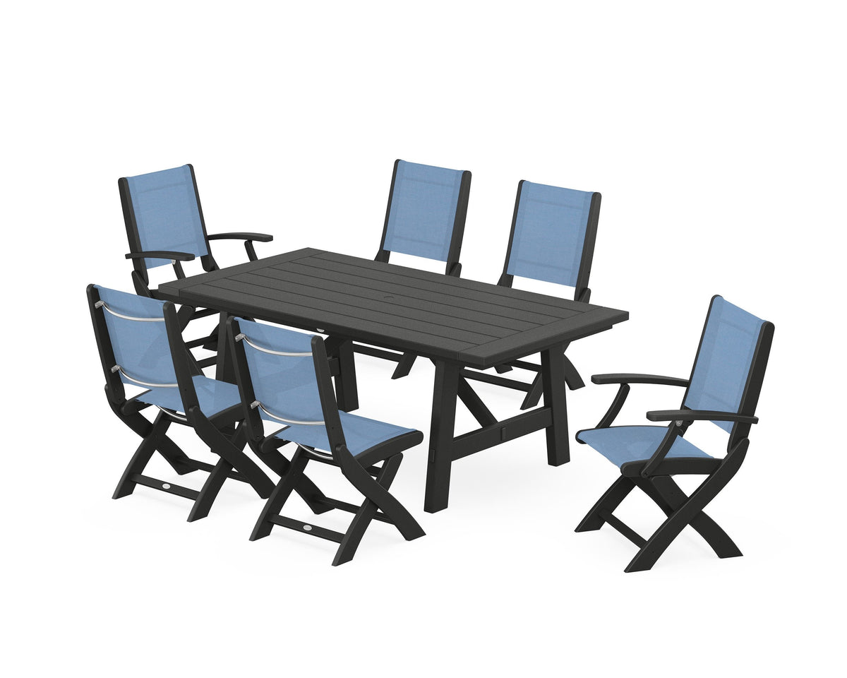 POLYWOOD Coastal Folding Chair 7-Piece Rustic Farmhouse Dining Set in Black / Poolside