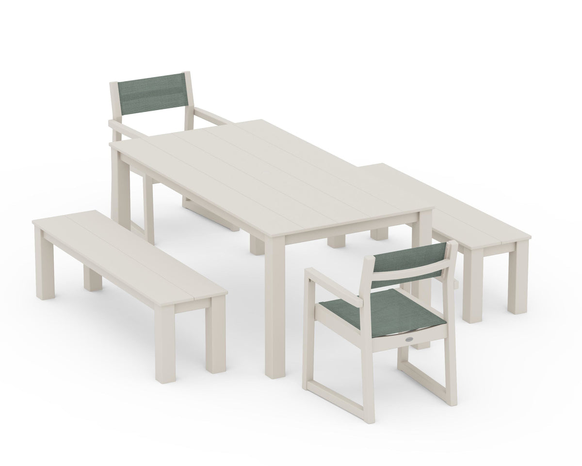 POLYWOOD EDGE Sling Arm Chair 5-Piece Parsons Dining Set with Benches in Sand / Dupioni Sea Mist
