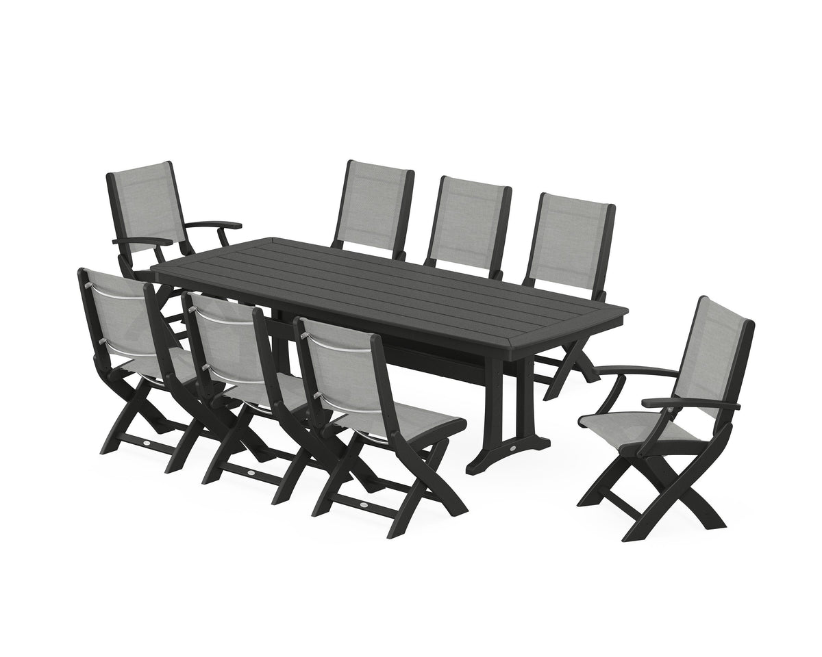 POLYWOOD Coastal Folding 9-Piece Dining Set with Trestle Legs in Black / Metallic