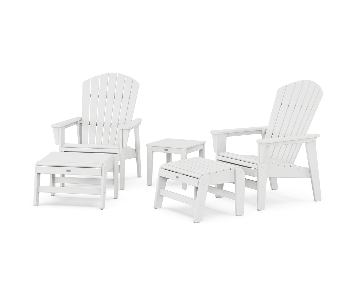 POLYWOOD 5-Piece Nautical Grand Upright Adirondack Set with Ottomans and Side Table in White
