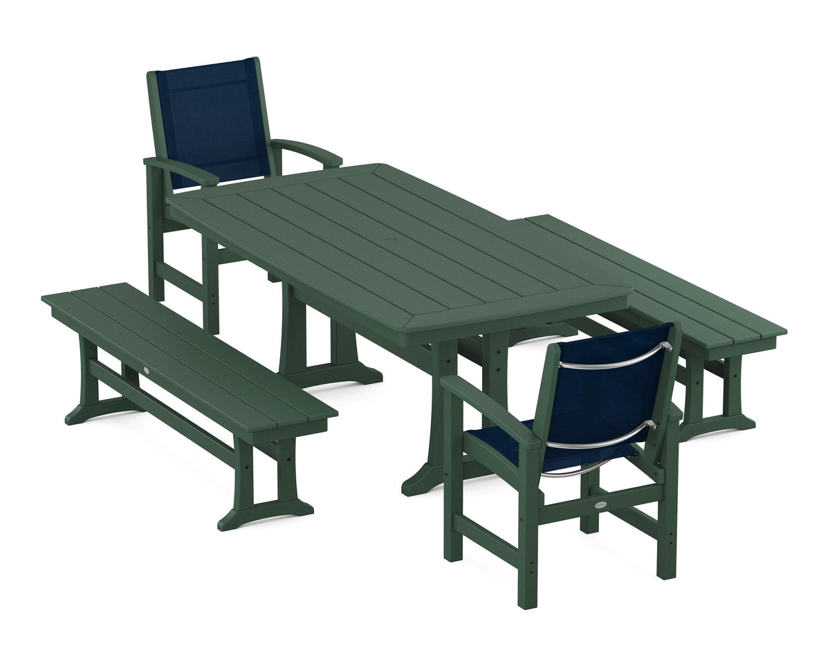 POLYWOOD Coastal 5-Piece Dining Set with Trestle Legs and Benches in Green / Navy Blue