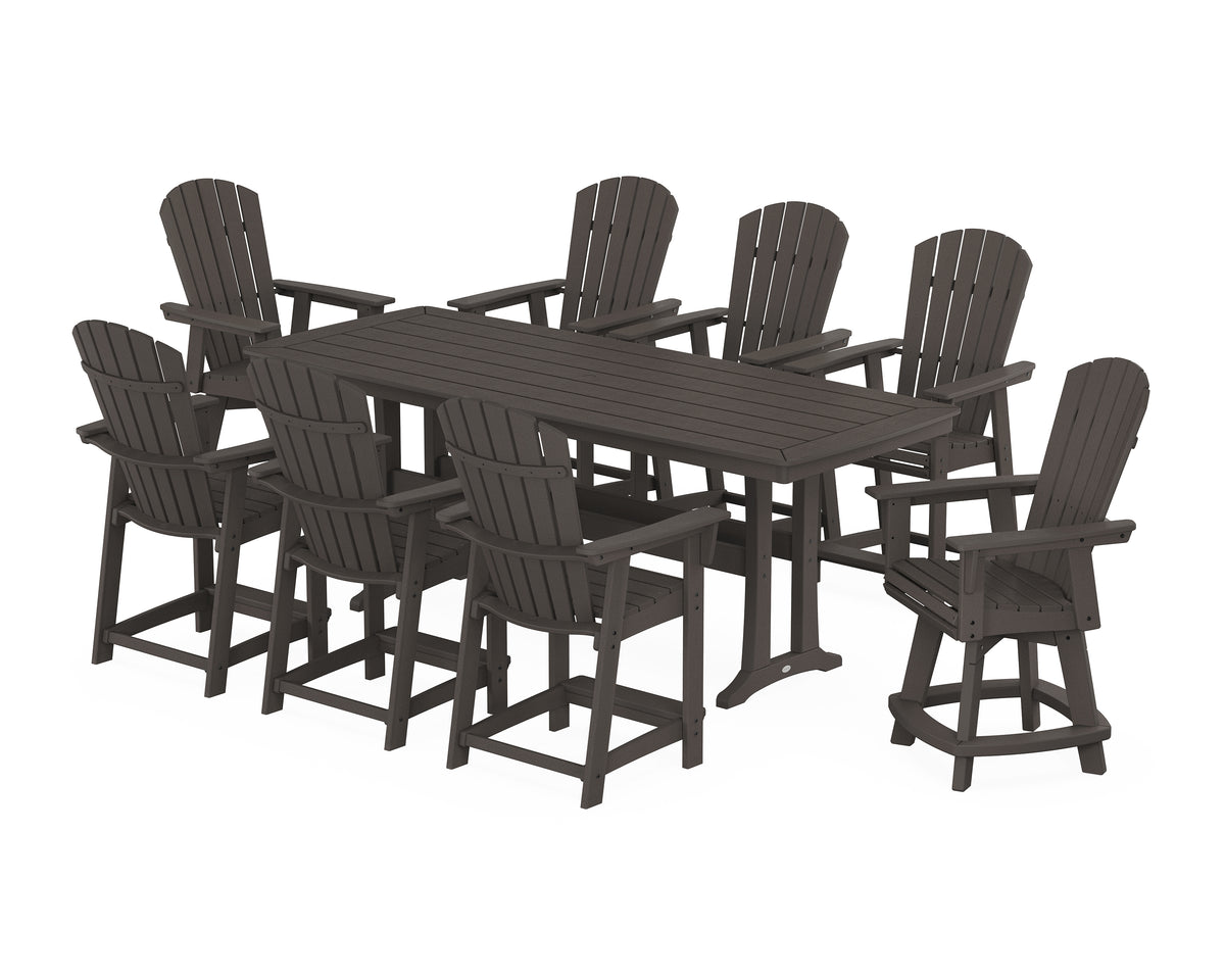 POLYWOOD Nautical Curveback Adirondack Swivel 9-Piece Counter Set with Trestle Legs in Vintage Coffee