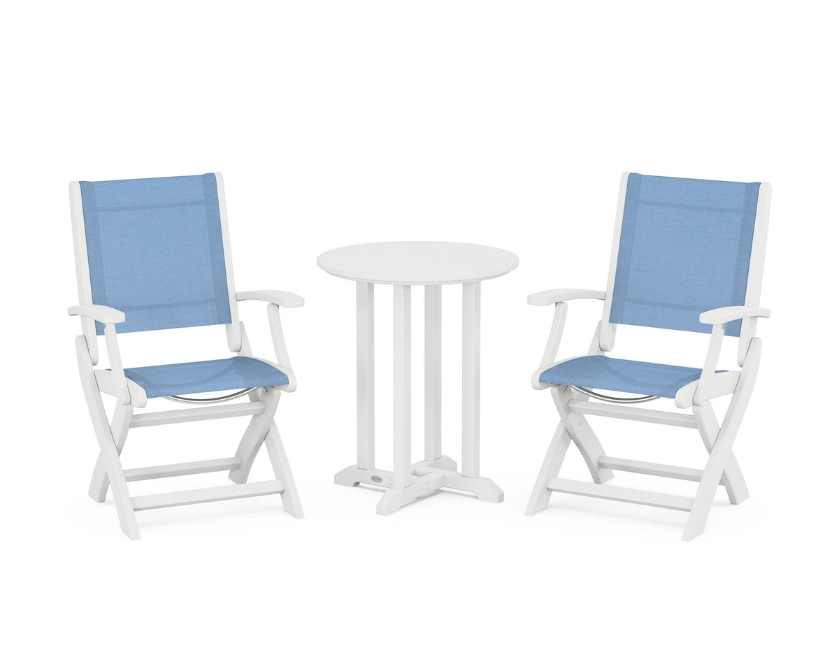 POLYWOOD Coastal Folding 3-Piece Round Bistro Dining Set in White / Poolside