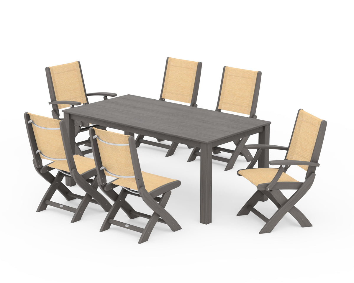 POLYWOOD Coastal Folding Chair 7-Piece Parsons Dining Set with Coastal Folding Side Chair in Driftwood / Dupioni Apricot