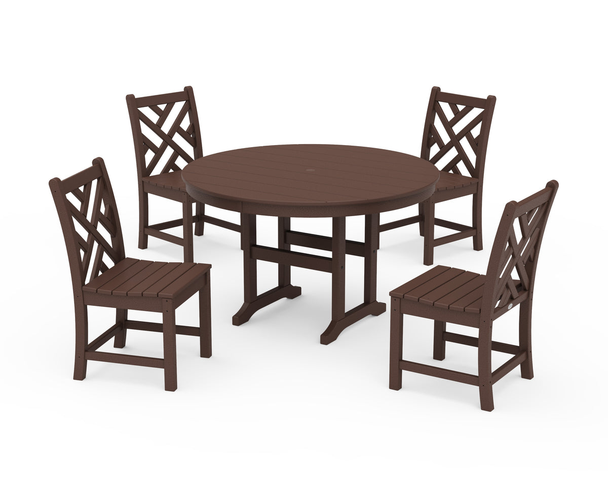 POLYWOOD Chippendale 5-Piece Round Farmhouse Side Chair Dining Set in Mahogany