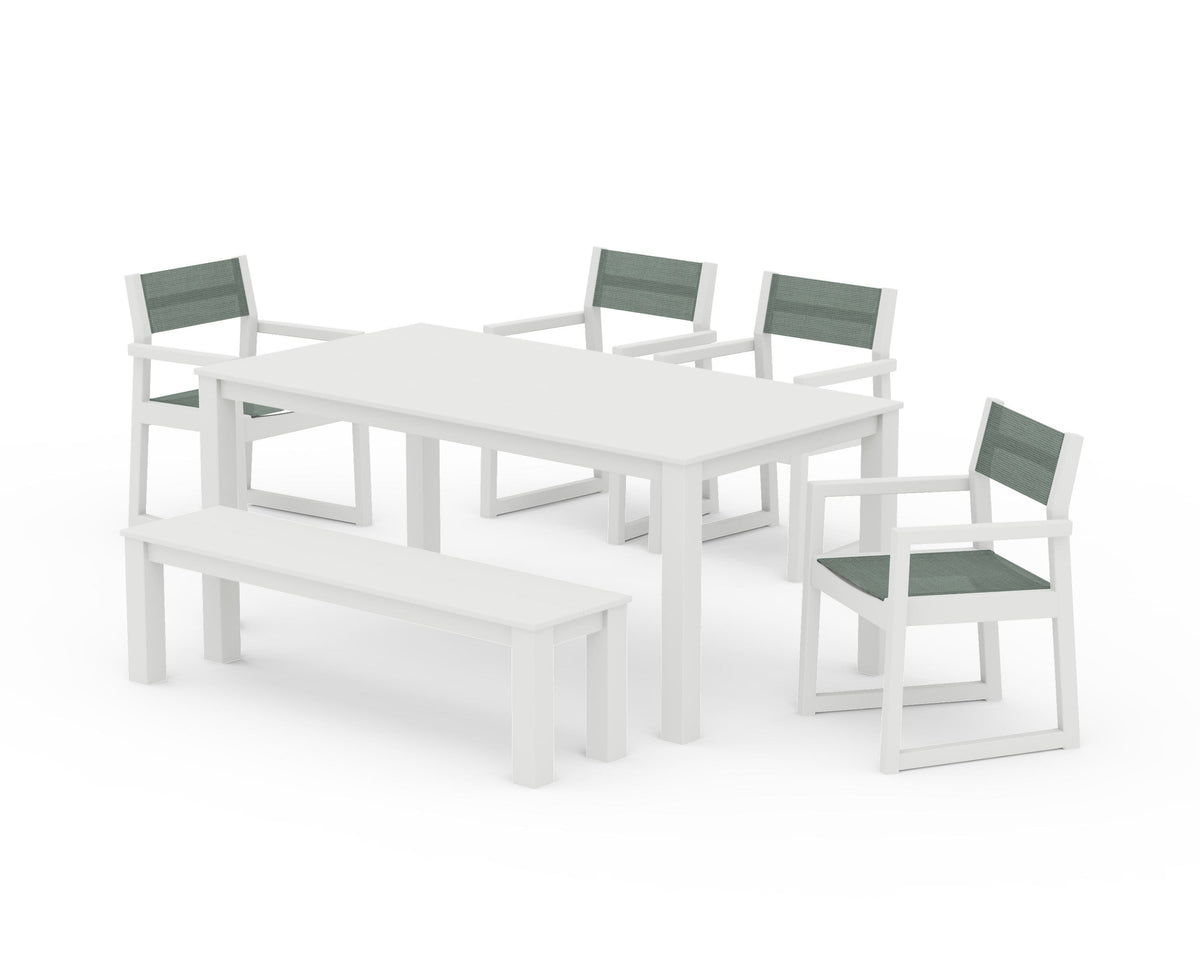 POLYWOOD EDGE Sling Arm Chair 6-Piece Parsons Dining Set with Bench in Vintage White / Dupioni Sea Mist
