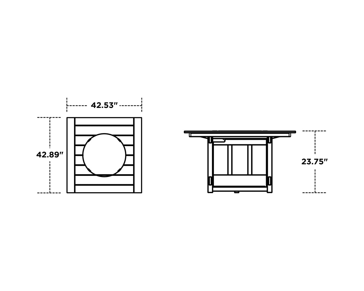 POLYWOOD Acadia Square 42" Fire Pit Table dimension drawing with width, depth and height measurements