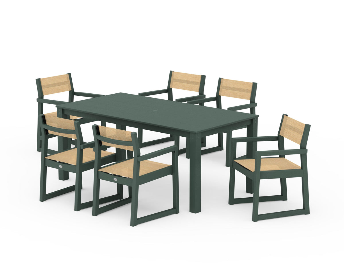POLYWOOD EDGE Sling Arm Chair 7-Piece Parsons Dining Set in Green / Dupioni Apricot