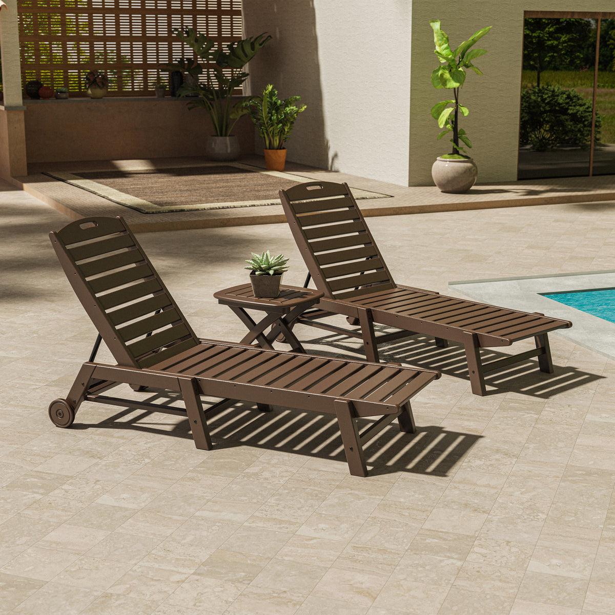 POLYWOOD Nautical 3-Piece Wheeled Chaise Set with Nautical Side Table in Mahogany in an outdoor setting