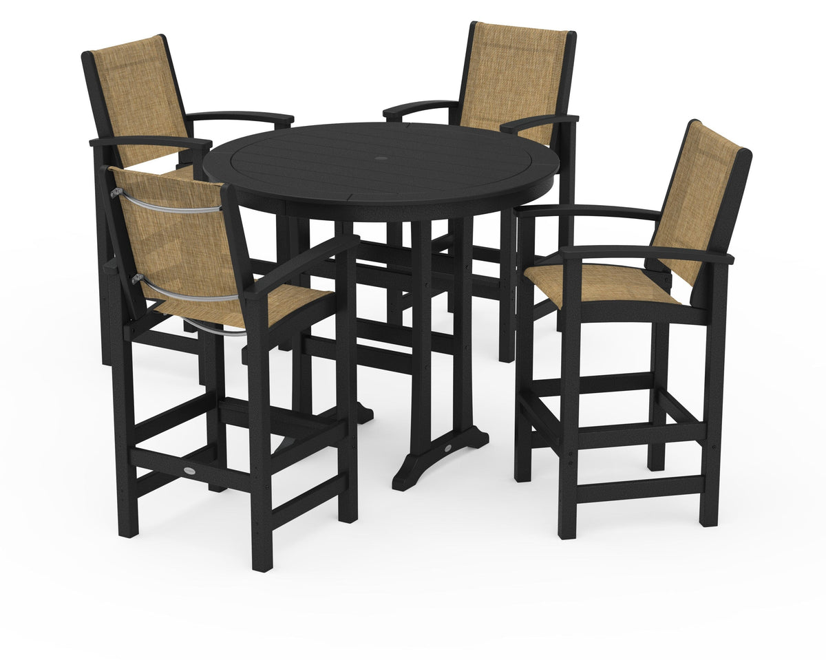 POLYWOOD Coastal 5-Piece Nautical Trestle Bar Set in Black / Burlap