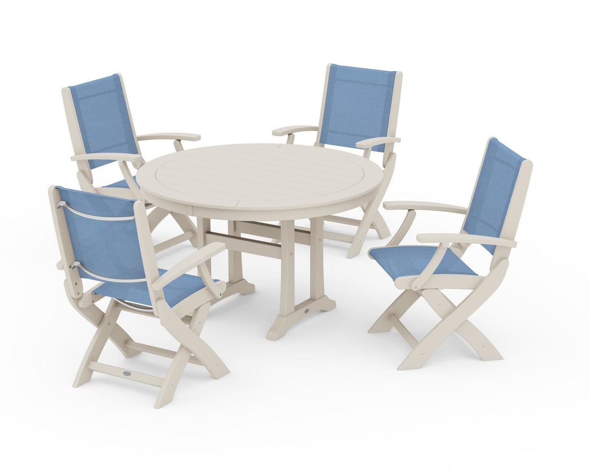 POLYWOOD Coastal Folding Chair 5-Piece Round Dining Set with Trestle Legs in Sand / Poolside
