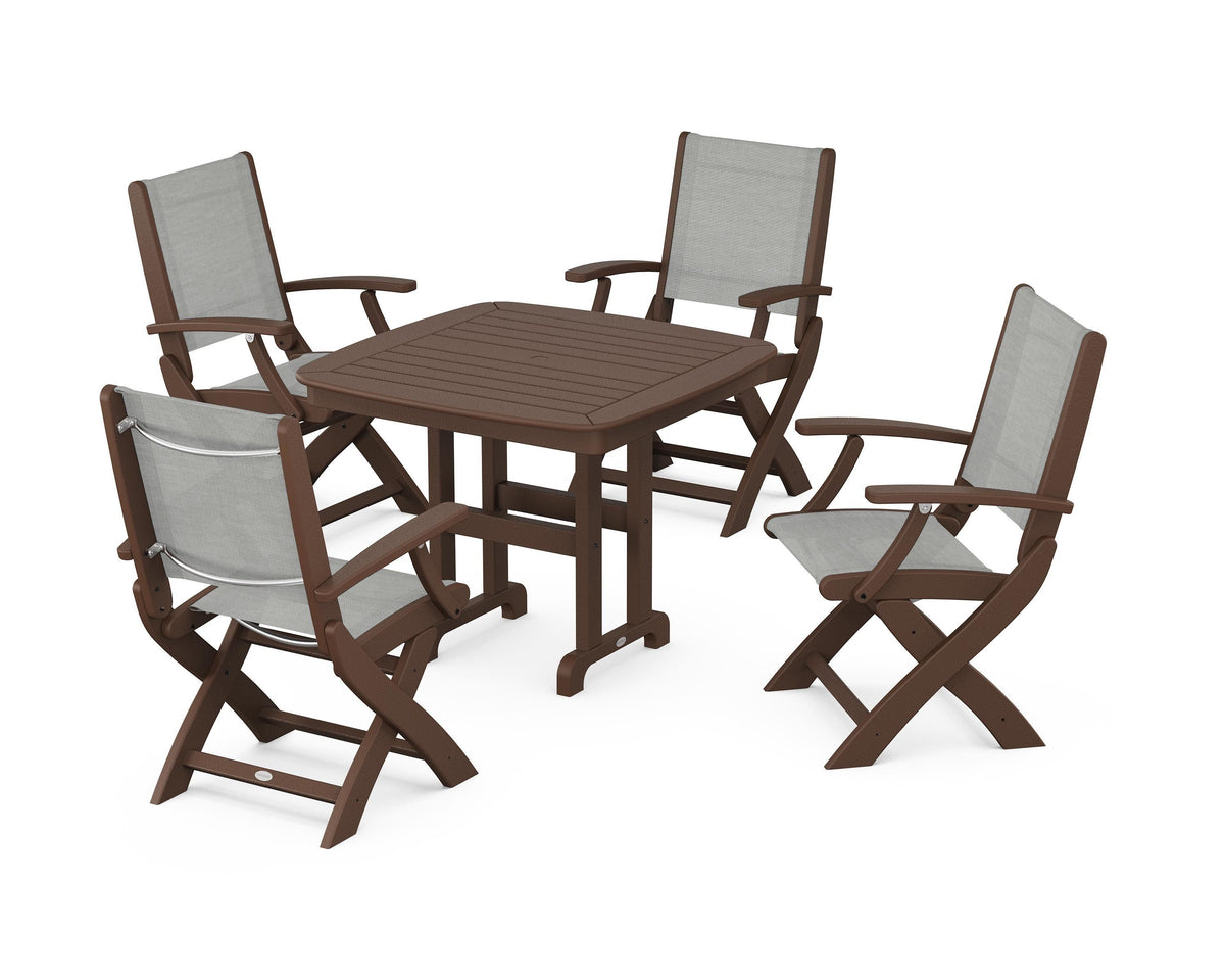 POLYWOOD Coastal Folding Chair 5-Piece Dining Set with Nautical 37" Dining Table in Mahogany / Metallic