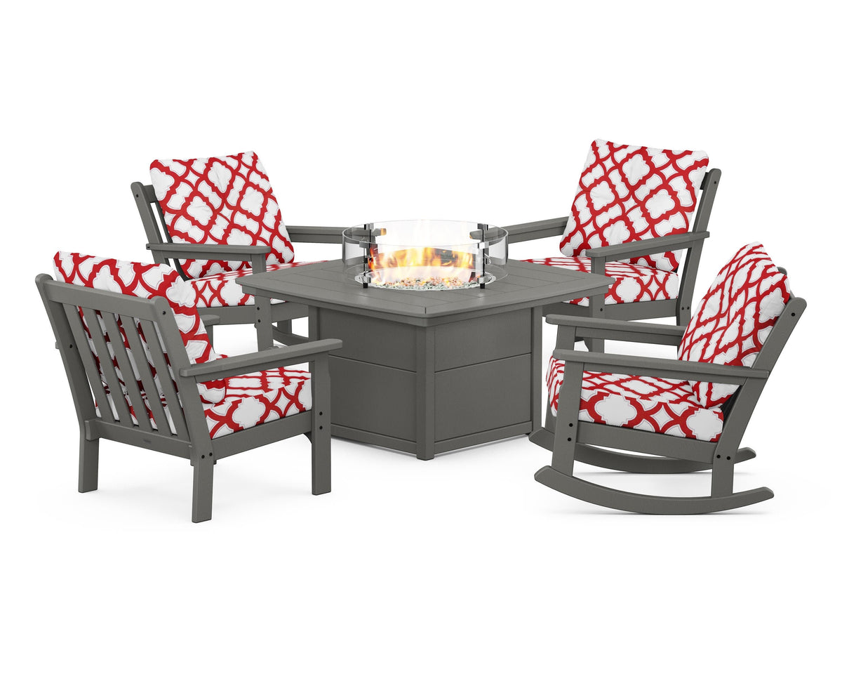 POLYWOOD Vineyard 5-Piece Deep Seating Rocking Chair Conversation Set with Fire Pit Table in Slate Grey / Trellis Crimson