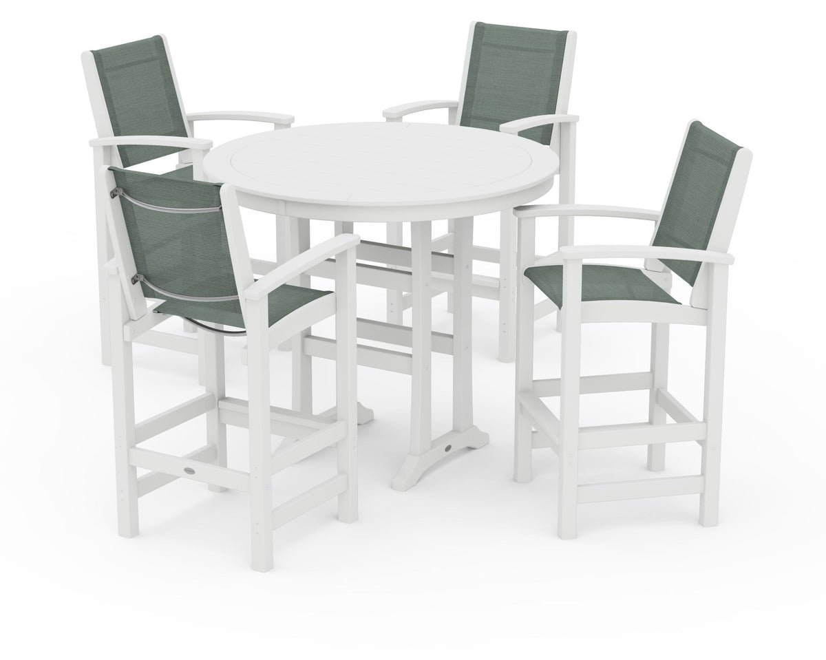 POLYWOOD Coastal 5-Piece Nautical Trestle Bar Set in White / Dupioni Sea Mist