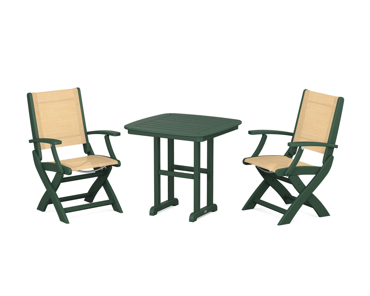 POLYWOOD Coastal Folding Chair 3-Piece Dining Set in Green / Dupioni Apricot