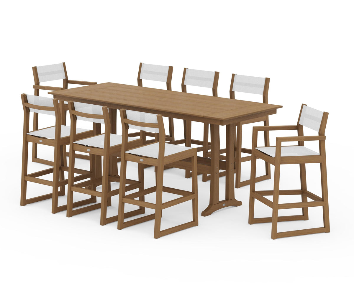 POLYWOOD EDGE Sling 9-Piece Farmhouse Bar Set with Trestle Legs in Natural / White