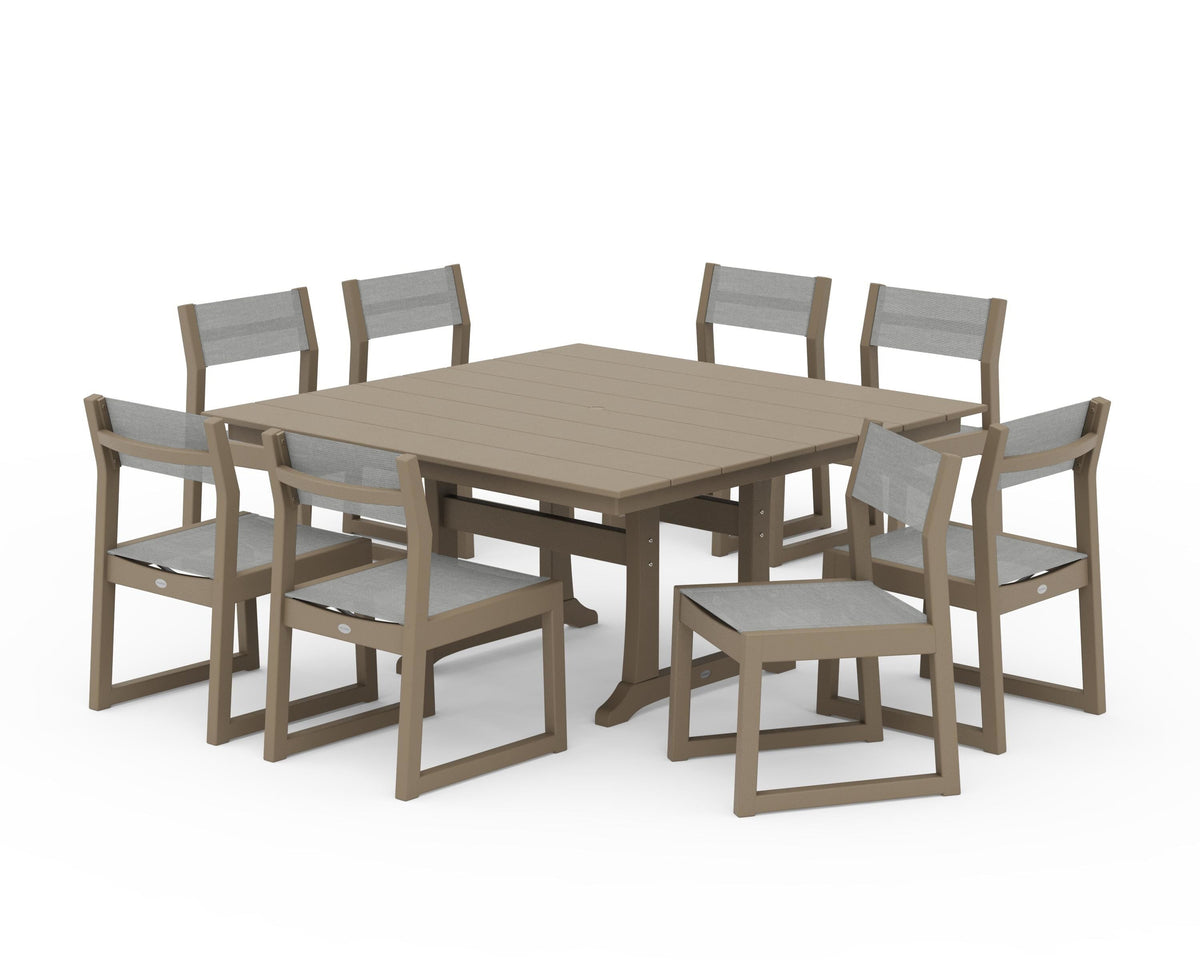 POLYWOOD EDGE Sling Side Chair 9-Piece Farmhouse Trestle Dining Set in Vintage Sahara / Metallic