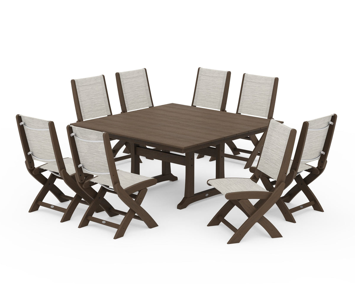 POLYWOOD Coastal Folding Side Chair 9-Piece Farmhouse Dining Set in Kona / Birch