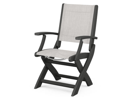 POLYWOOD Coastal Folding Chair in Black with Black arms and Parchment sling