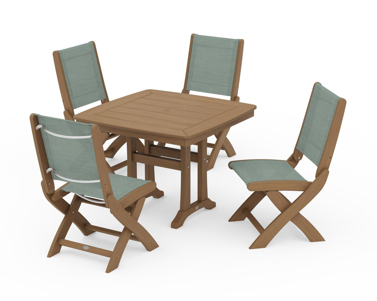 POLYWOOD Coastal Folding Side Chair 5-Piece Dining Set with Trestle Legs in Natural / Dupioni Sea Mist