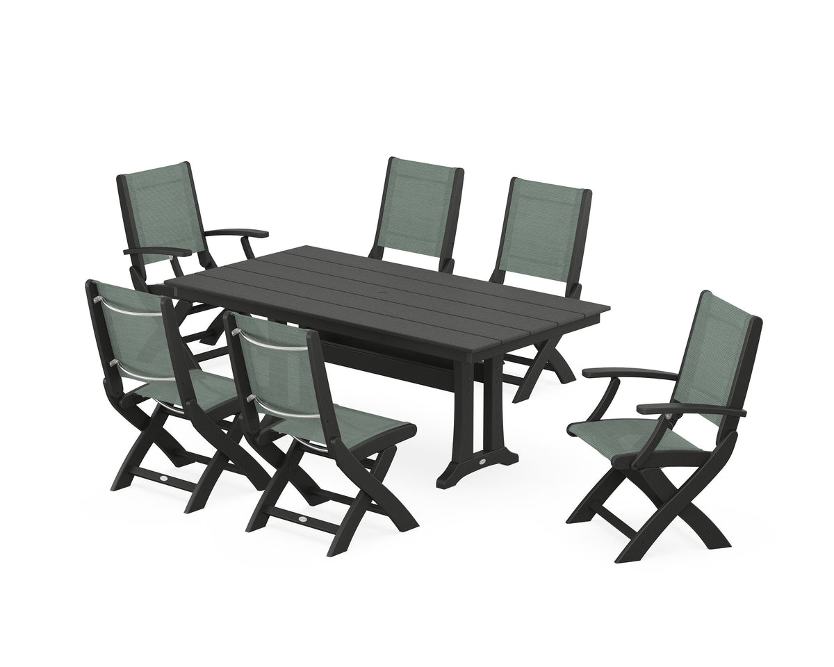 POLYWOOD Coastal Folding Chair 7-Piece Farmhouse Dining Set with Trestle Legs in Black / Dupioni Sea Mist