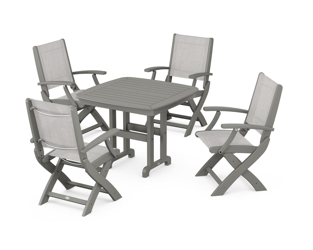 POLYWOOD Coastal Folding Chair 5-Piece Dining Set with Nautical 37" Dining Table in Slate Grey / Parchment