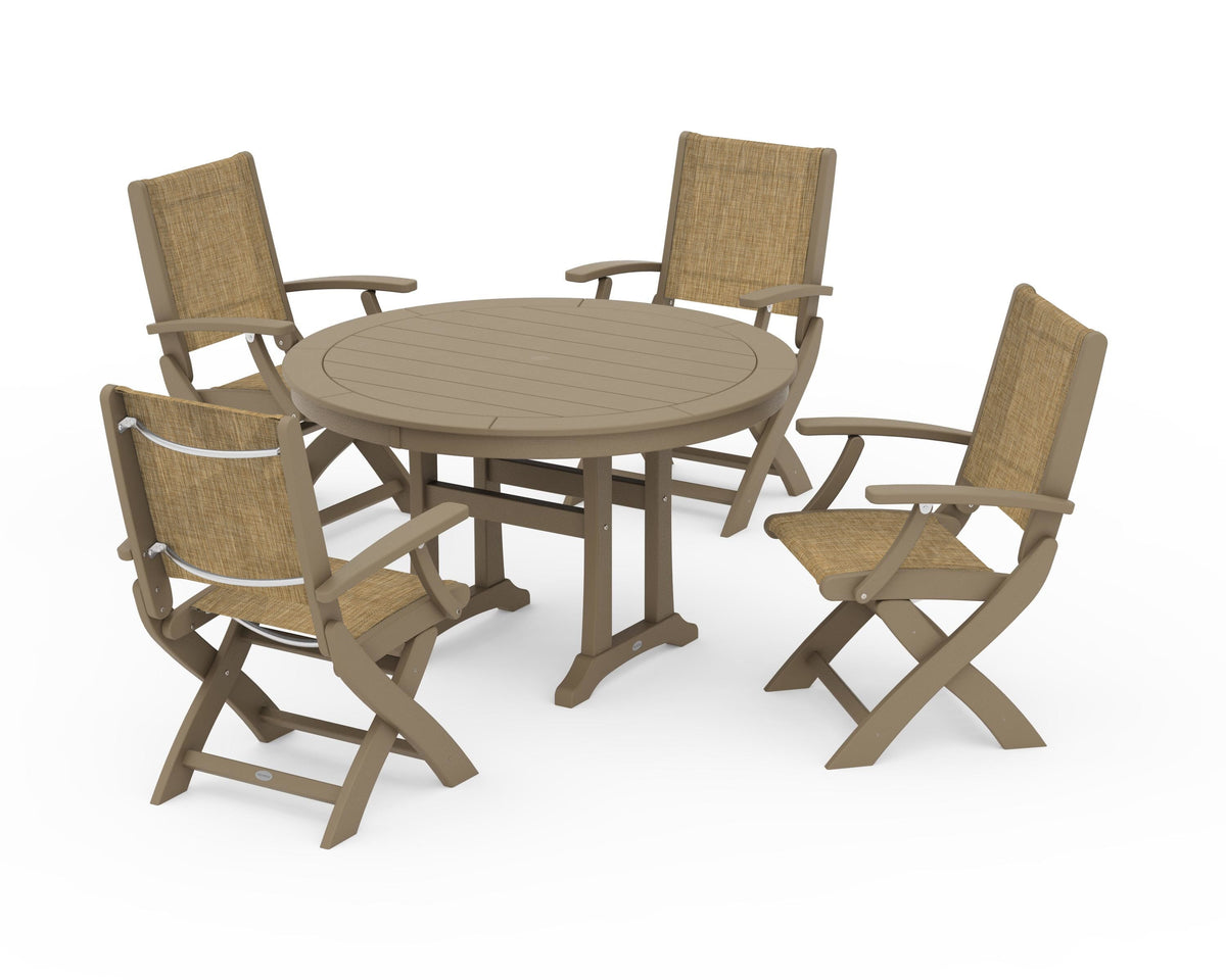 POLYWOOD Coastal Folding Chair 5-Piece Round Dining Set with Trestle Legs in Vintage Sahara / Burlap
