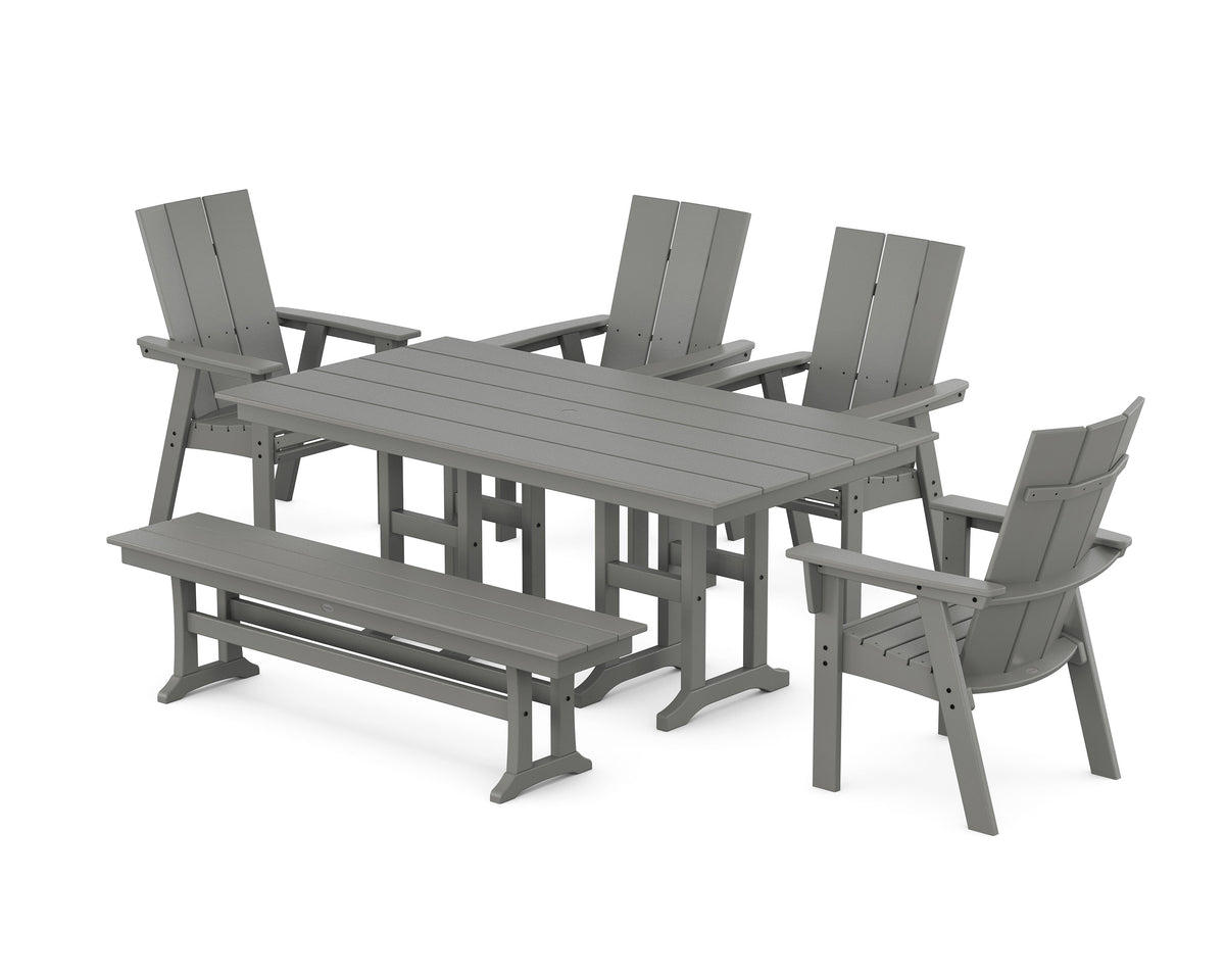 POLYWOOD Modern Curveback Adirondack 6-Piece Farmhouse Dining Set with Bench in Slate Grey