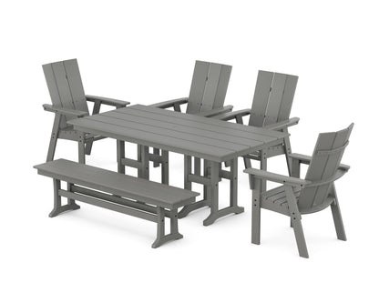 POLYWOOD Modern Curveback Adirondack 6-Piece Farmhouse Dining Set with Bench in Slate Grey